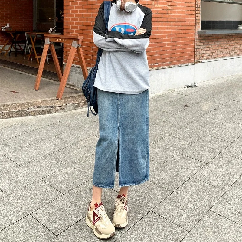 High Waist A-Line  Skirt Women's Denim Split Skirts Spring Fashion Korean Style Straight Cut Pure Color Commute Skirts