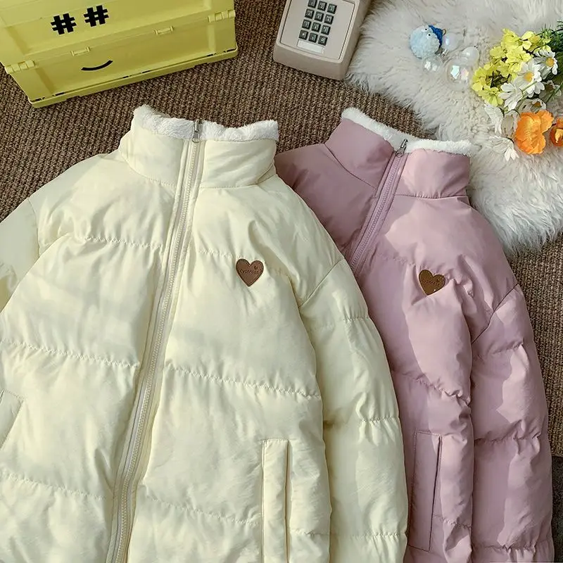 Harajuku Sweet Love Bear Embroidery Parkas Stand Collar Zippers Thick Warm Coats Women Korean Fashion Winter Jackets Feminino