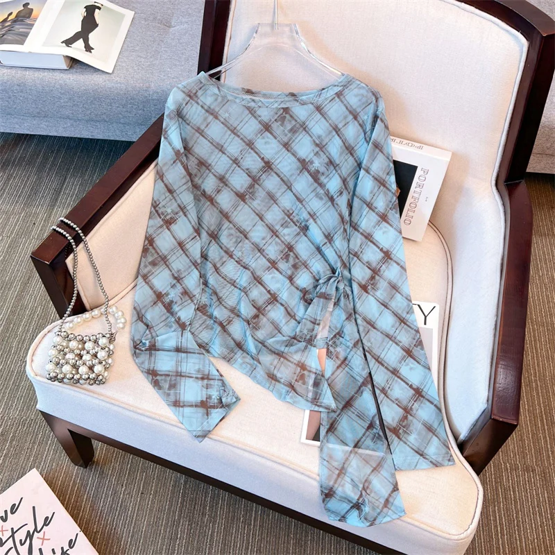 

Summer New Design Long Sleeve T-Shirt Women's Korean Style Slim Fit Checkered Mesh Base Shirt Commute round Neck Top