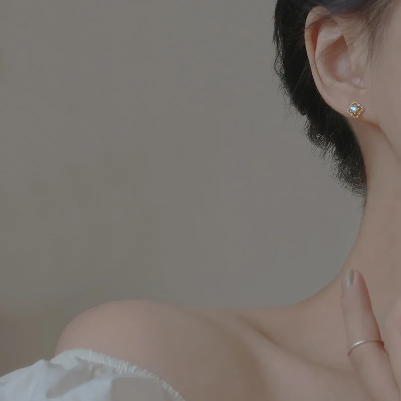 Sweet Cute Zircon Moonstone Hollow Flower Stud Earrings For Women Girl Teen Simple Birthday Party Jewelry Accessories Gift