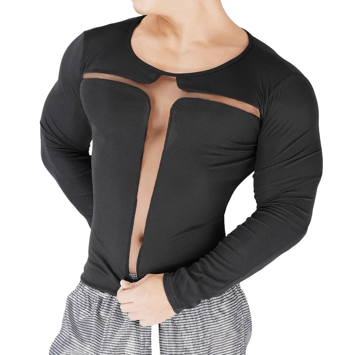 

Men Mesh Cross Shaped Perspective T-shirt Long Sleeve Spring Sexy Breathable Casual Top Streetwear Slim Fit Tshirt Clubwear
