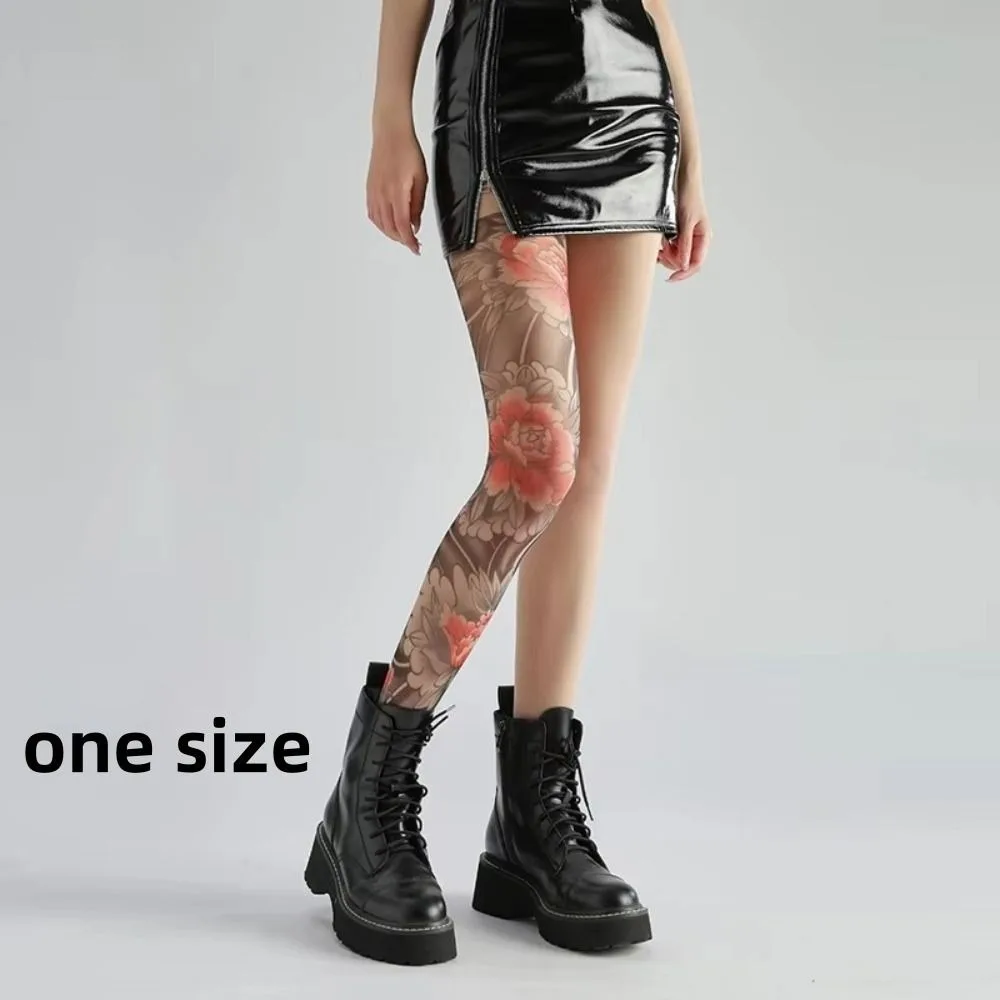Novo tatuagem falsa feminina sexy impresso collants perspectiva malha peônia meia-calça leggings alta meia-calça verão