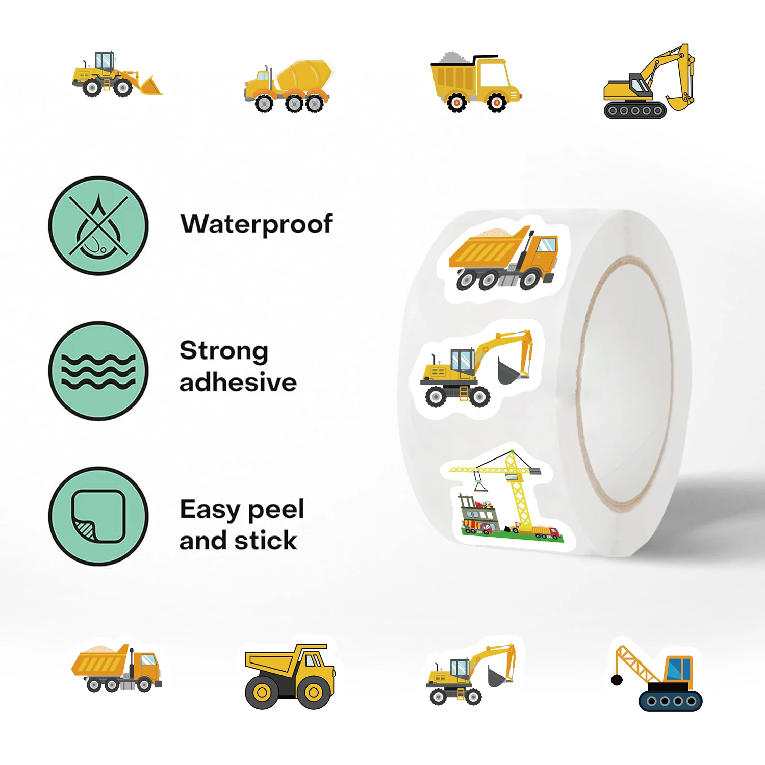 500pcs/roll Reward Construction Vehicle Stickers Kindergarten School Students Child Teacher Cartoon Cute Encouraging Sticker