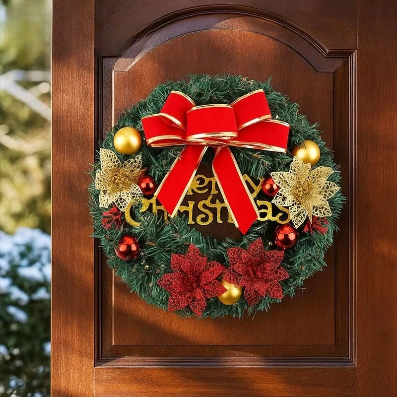 

Christmas Wreath Front Door Ornament Artificial Pine Garland with Bells and Ball Decorations Holiday PVC Wreath