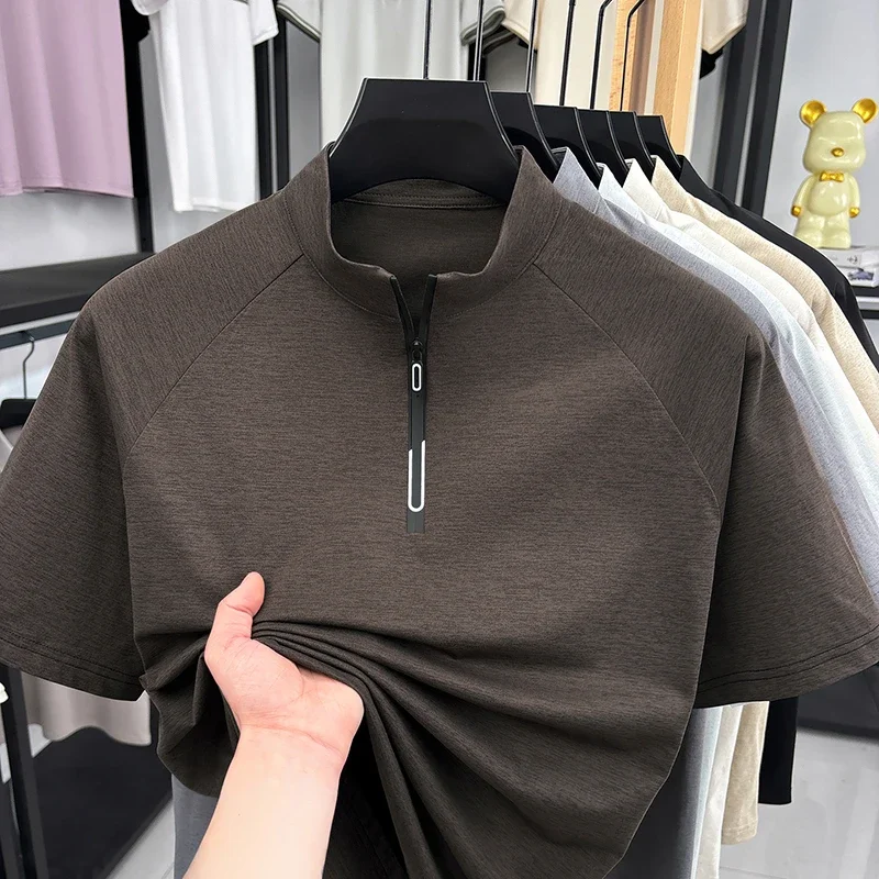 Men's Half Zip Short Sleeve T Shirt Stand Collar Breathable Fabric Casual Top For Daily Wear And Sports