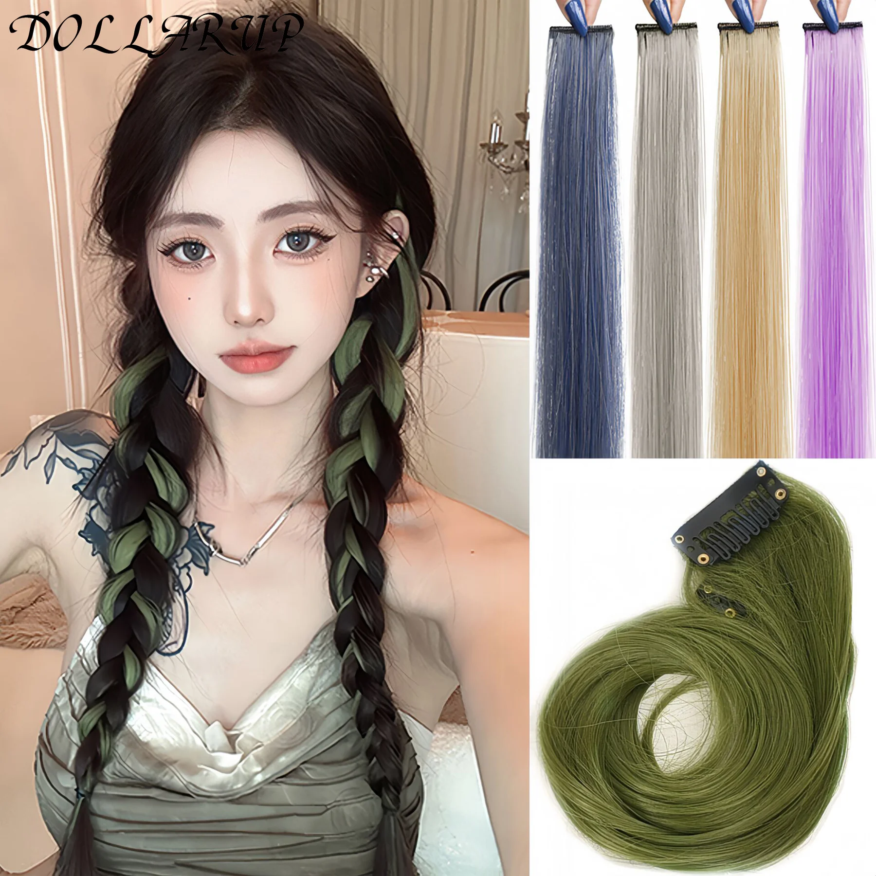 

24" Synthetic Long Straight Rainbow Highlight Colored Hair Extensions Clip In One Piece Ombre Pink Purple Green Yellow For Wome