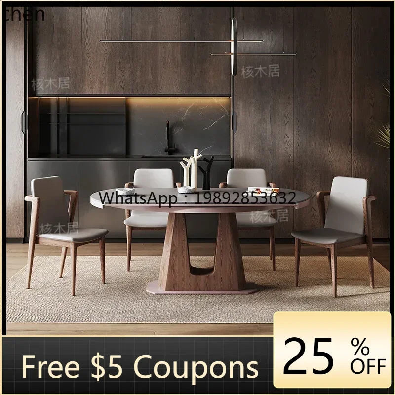

AB retractable round dining table modern simple walnut solid wood gray rock slab dining table and chairs