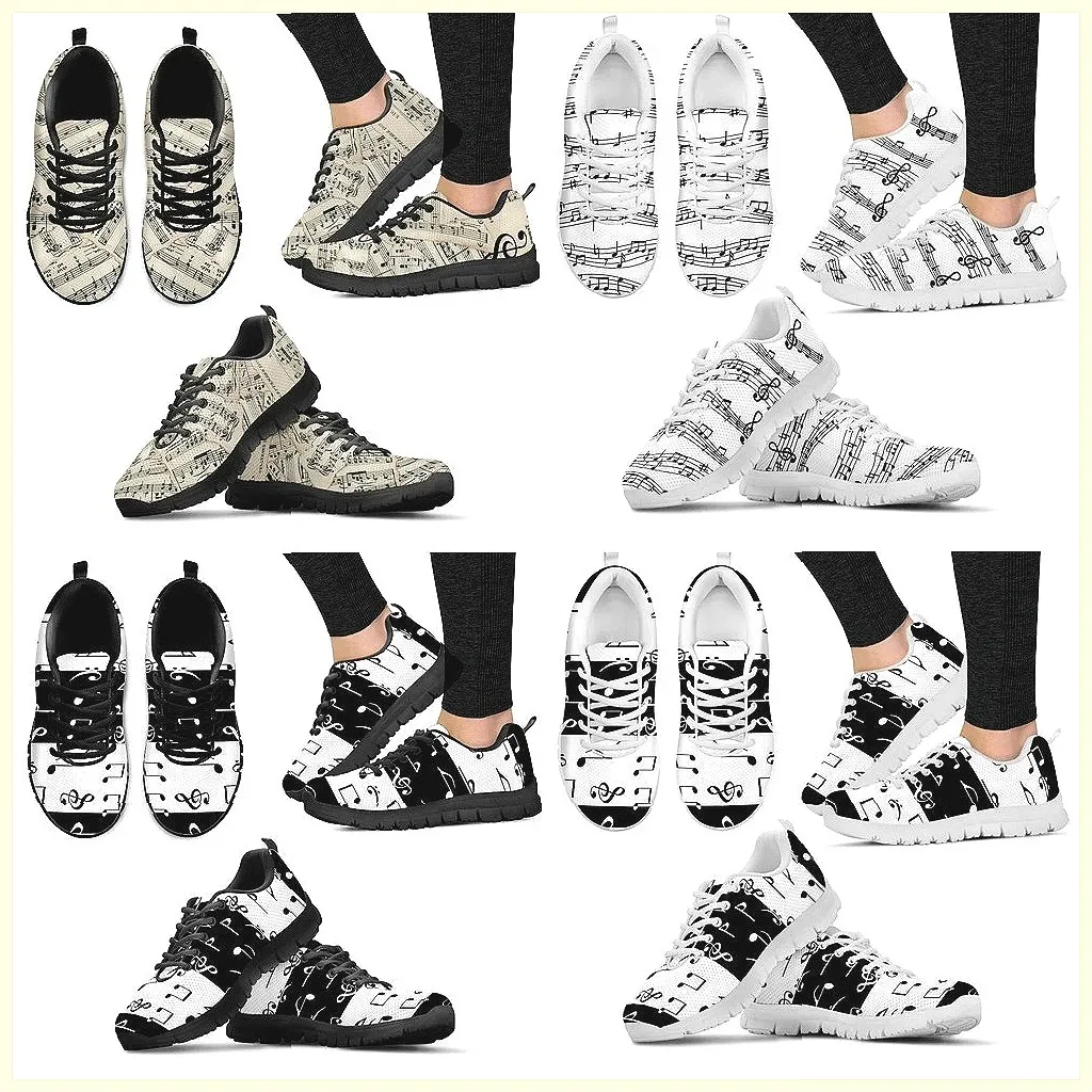 

2022 New Music Notes Mesh Flats Sneakers for Women, Breathable Lace-Up Spring Shoes Plus Size