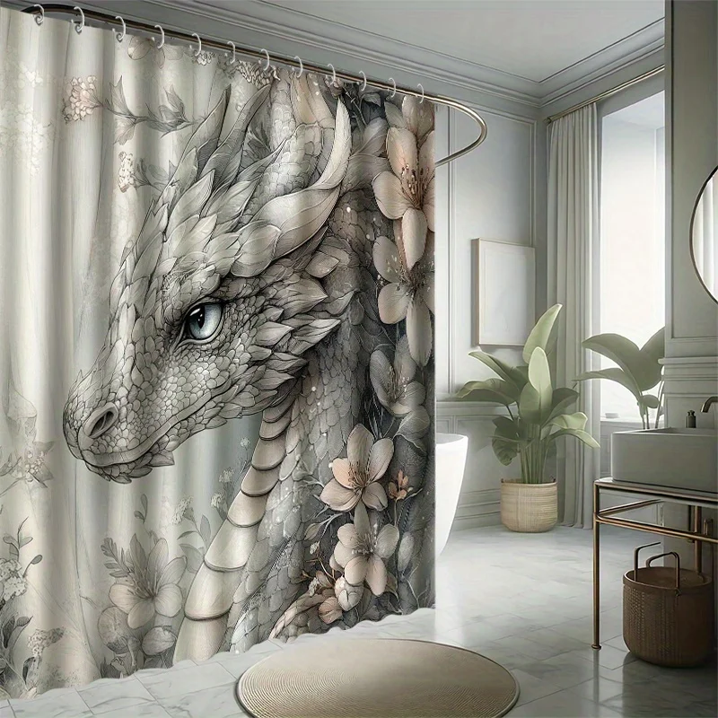 

Набор занавесок для душа с белым драконом и цветочным принтом - Фантазийная мультяшная тема, водостойкий полиэстер, можно стирать в машине, современный декор для ванной комнаты