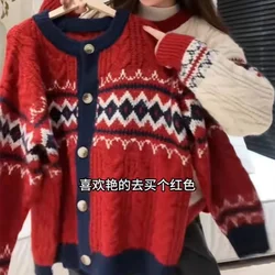 Christmas Sweet Argyle Pattern Knitted Cardigan for Girls Preppy Students Loose Oversized Sweaters Coats Winter Autumn Outerwear