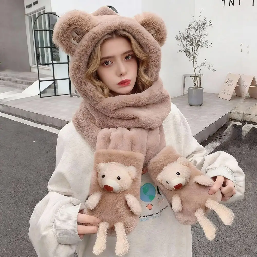 موضة سميكة قبعة وشاح قفازات مجموعة لطيف الدب الأذن شتاء دافئ النساء بيني قبعة الصوف مبطن وسميكة قبعة الدراجات