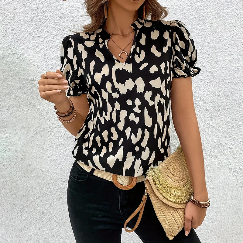 Women\'s V-neck Leopard Print Summer Top Lace sleeves Chiffon Hawaiian Commuter breathable women\'s shirt Stylish and elegant new