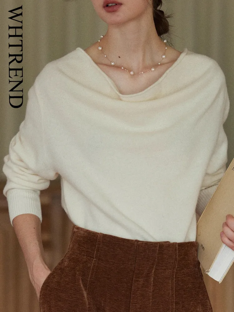 

WHTREND модный стильный свитер из 100% шерсти для женщин, однотонный элегантный трикотаж с длинными рукавами, осень-зима, новинка WH1938