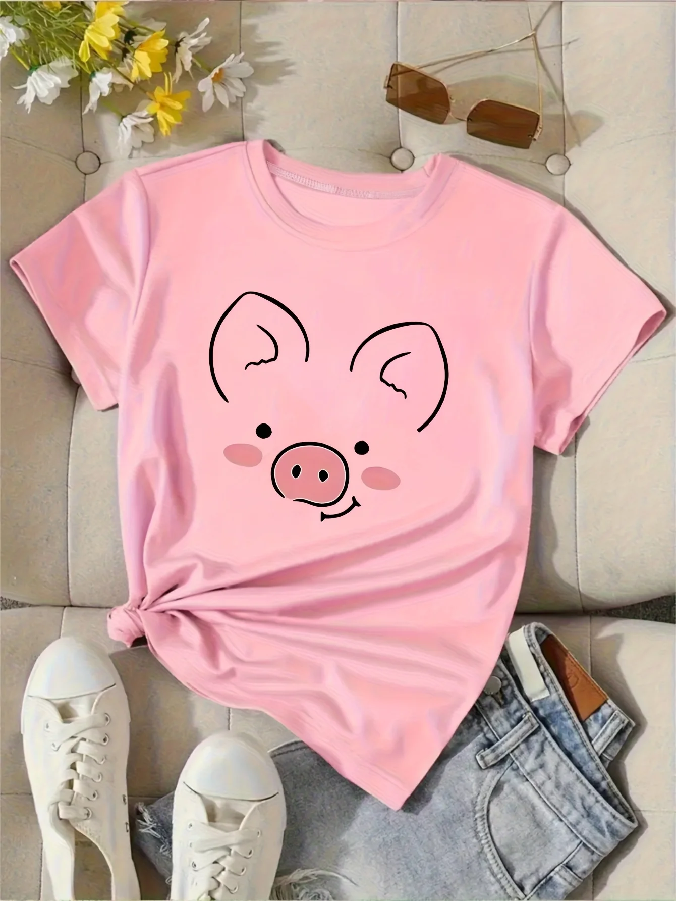 

Женская футболка с круглым вырезом и милым розовым свиньим мультяшным принтом, повседневная футболка с короткими рукавами, удобная и универсальная графика Y2K