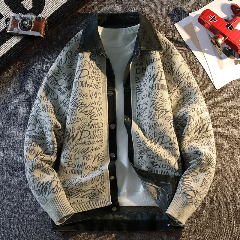 2026 Spring New Casual Fake Two Piece Patchwork Sweater Men's Comfortable Loose Versatile High Quality Large Size Casual Jacket