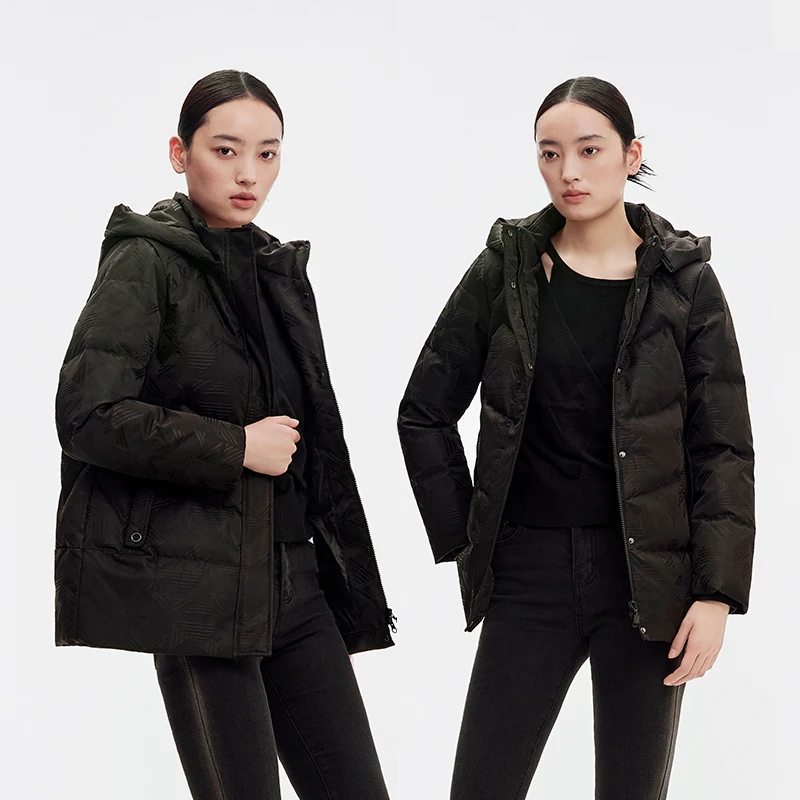 Chericom レディース ブラック フード付きダウンジャケット ジャカードパターン 暖かいパファージャケット ショート 冬の必需品 ジッパーパファージャケット Y299300Y