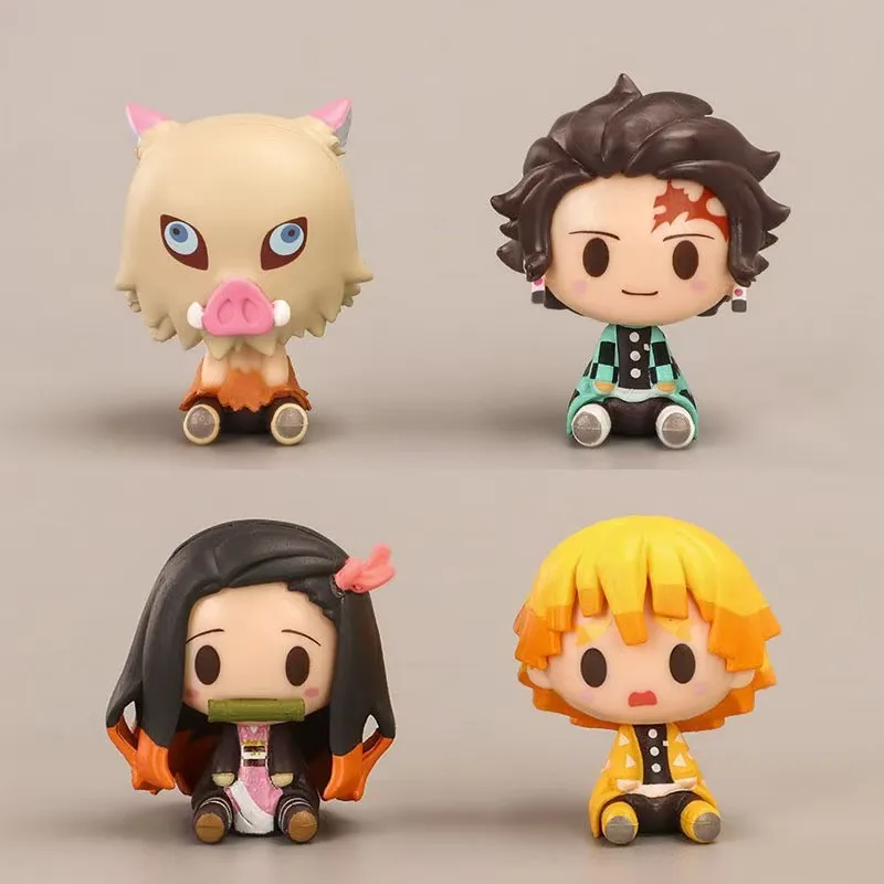 4 peças anime assassino do diabo q-versão nezuko tanjirou zenitsu inosuke mini boneca kawaii ação boneca pvc brinquedo