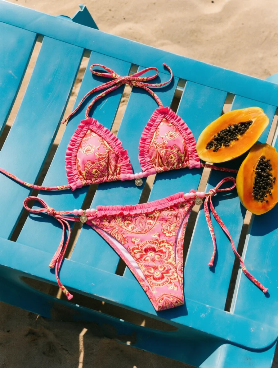 Fashion Printed Beaded Biquini Women Separate Swimwear Sexy Lady Triangle Lace Up Bikini Swimsuit Retro Mujer Beach Bathing Suit