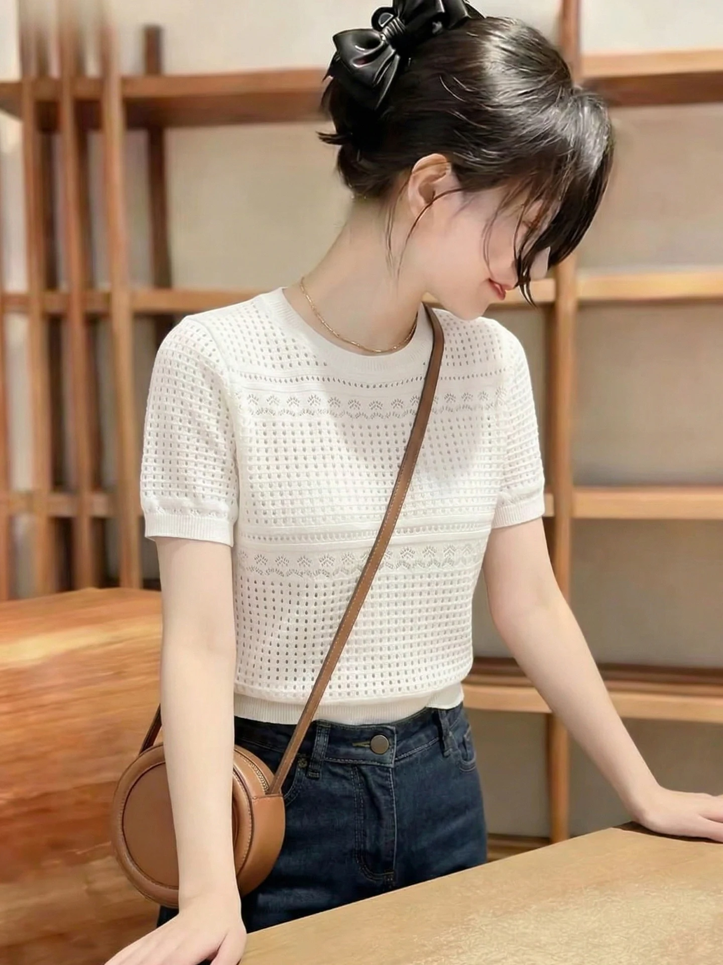 

Fashionable Hollow out Knit Top Short Sleeve Commute Style Summer 2026 Design Sensation Elegant Atmosphere European Style