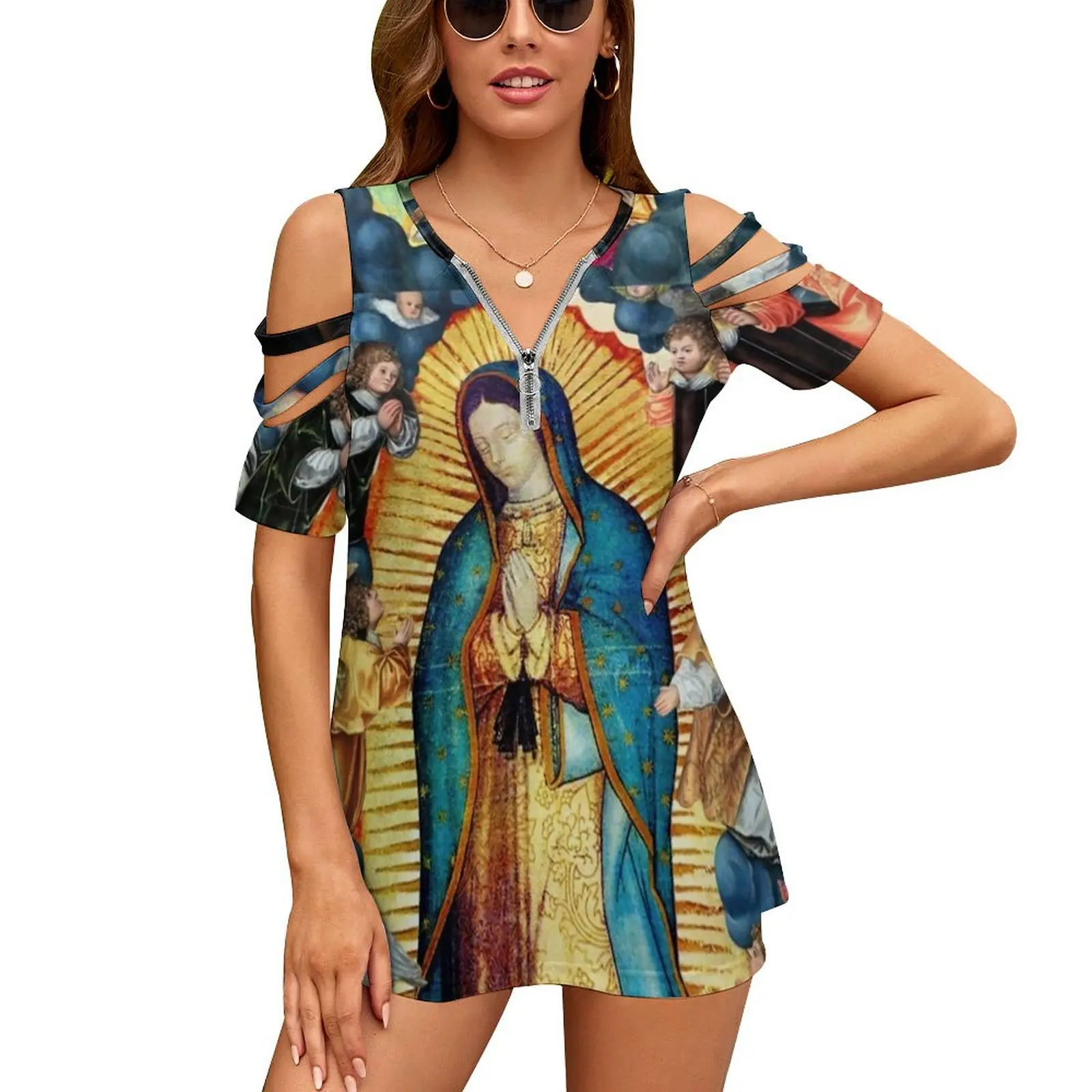 Guadalupe Virgin Mary T-Shirt Cute Angels Hollow Out Sexy T-Shirts Off Shoulder Streetwear Oversize Tee Shirt Summer Print Tops