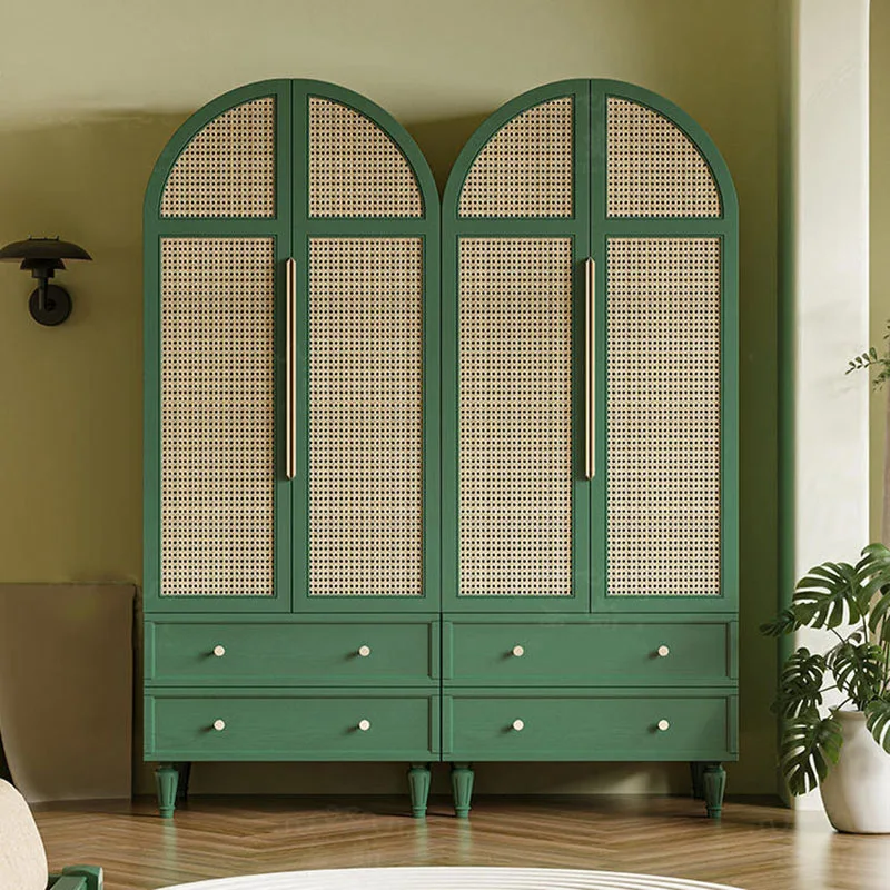 

French retro pastoral green rattan wardrobe bedroom arched cabinet double door hanging wardrobe American medieval style bed
