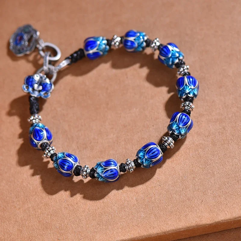 925 Silver Blue Enamel Charm Bracelet for Women Creative Exquisite Lotus Vintage Braided Bangles New in Originality Jewelry Gift
