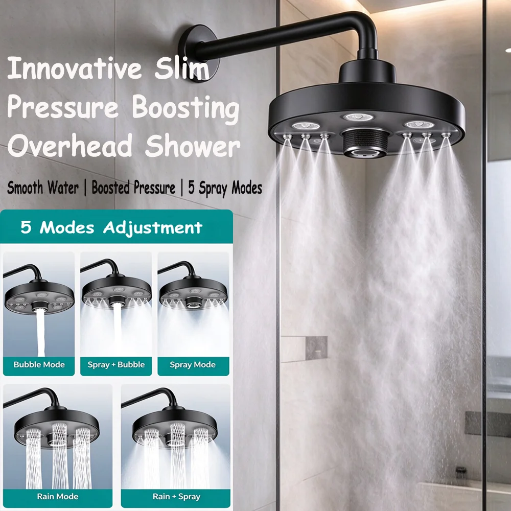 1pc 5 Modes Adjustable Supercharge Ceiling Mounted Shower Head 18CM High Pressure Large Flow Showerhead for Home Hotel Bathroom