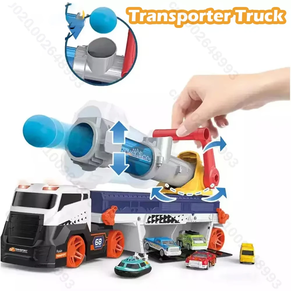

Explosion-Proof Transporter Truck Cannon Firing Car Launching Sliding Music and Light Simulations Pull Back Toys for Boys Gift