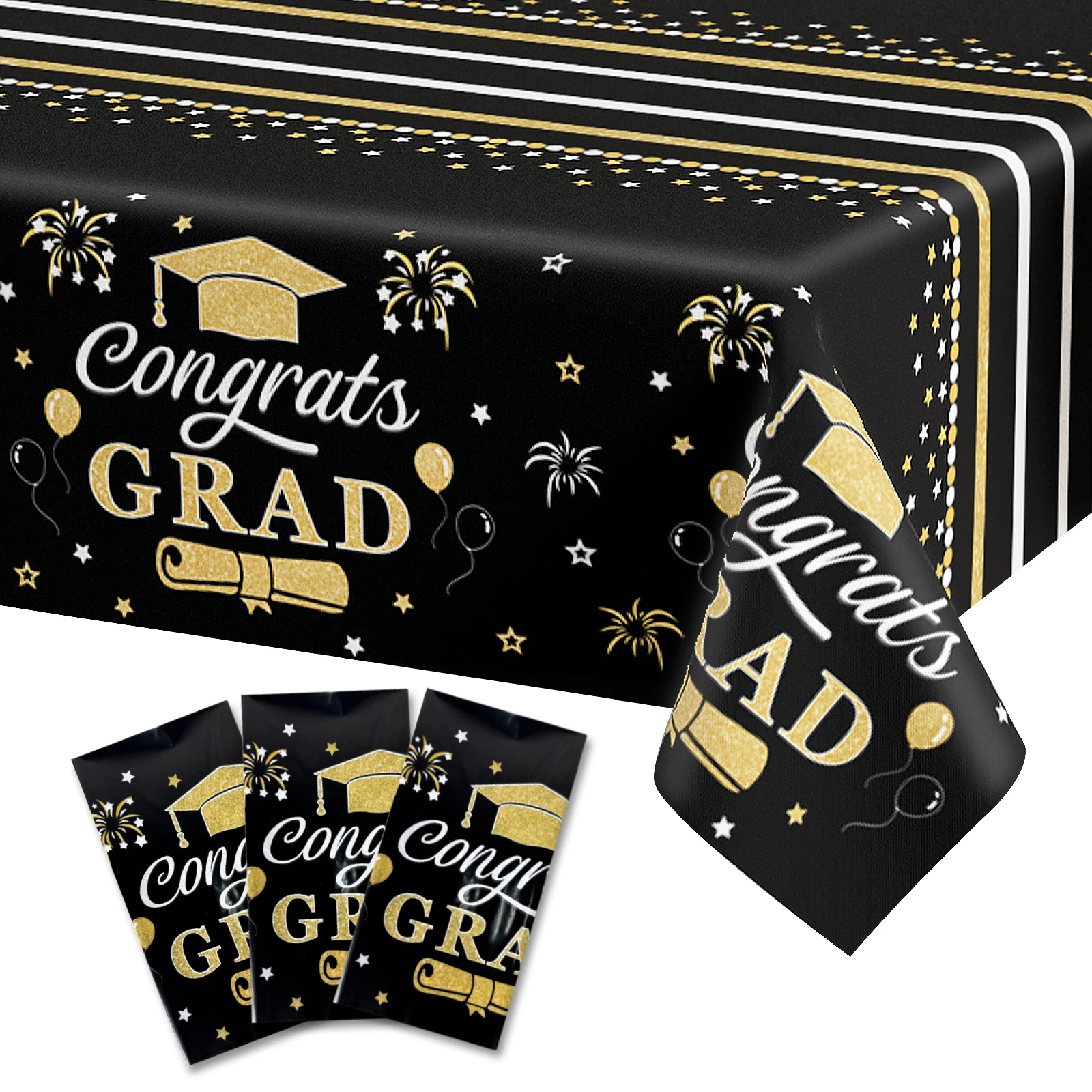 مفرش مائدة للتخرج باللونين الأسود والذهبي ، مبروك غراد مستلزمات حفلات للاستعمال مرة واحدة ، بلاستيك مستطيل ، 54x "، 3 عبوات