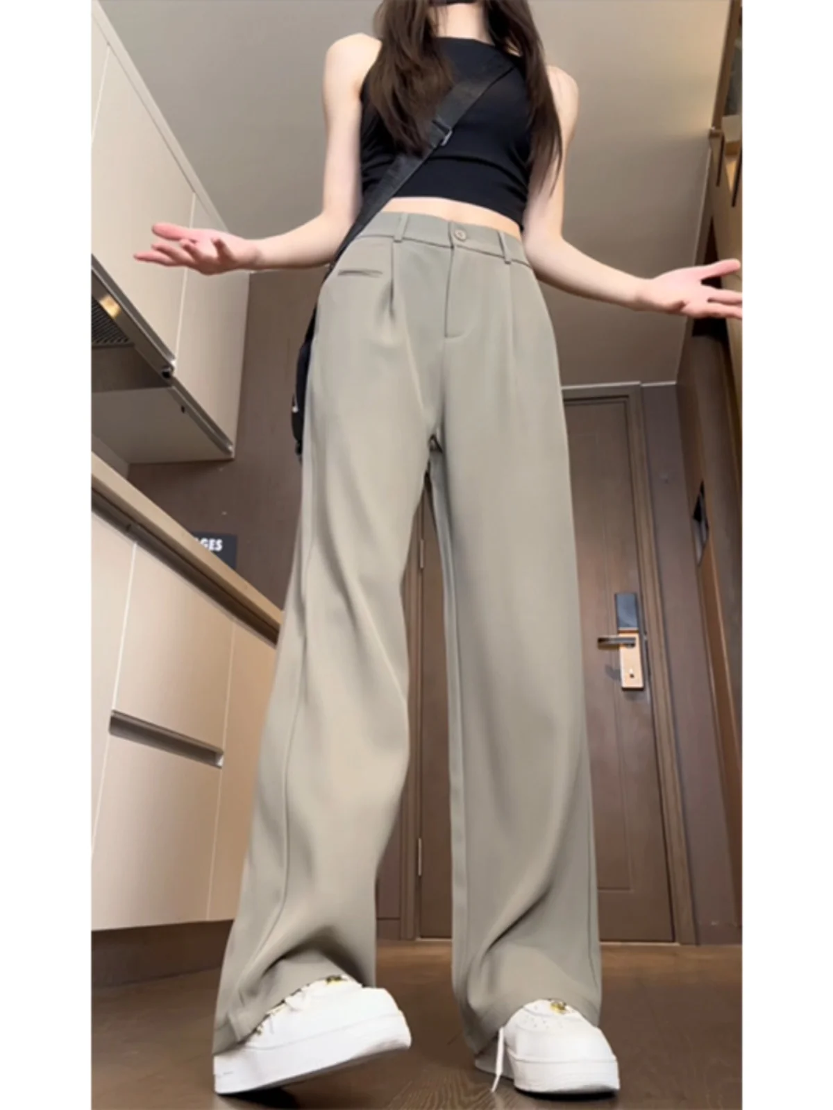 

Ice Silk Casual Men's Summer Thin Wide Leg Pants Drapey Loose Long Trousers Faion Straight Cut Casual Trousers