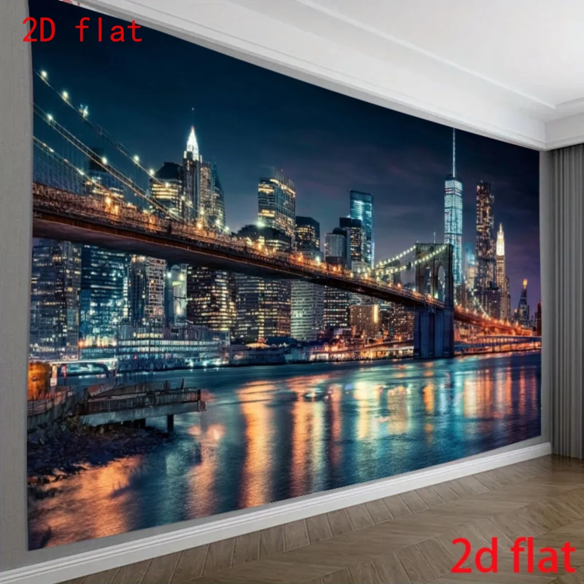 New York Brooklyn Bridge Night Skyline Tapestry 2D Flat USA Cityscape Wall Hanging for Living Room Bedroom Urban Decor Fabric