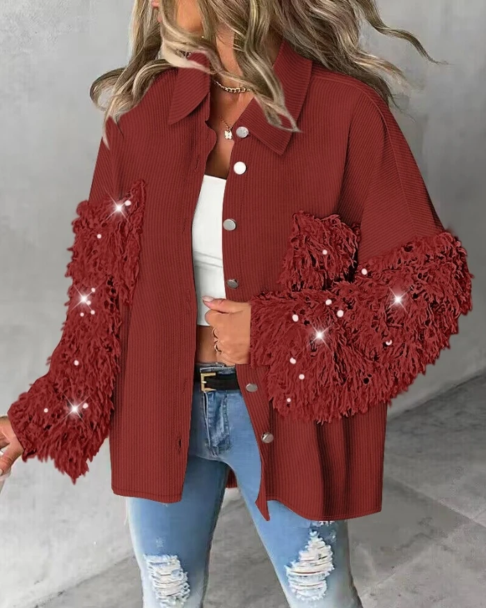 Women's Jacket 2024 Winter Fashion New Contrast Sequin Turn-Down Collar Long Sleeve Tassel Design Fuzzy Shacket with Pocket