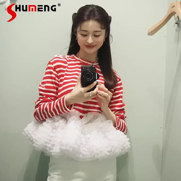 

Japanese Style Heavy Industry Fluffy Pleated Yarn Splicing Striped T-shirt Crew Neck Long Sleeve Women's Sweet Puffy Short Tops