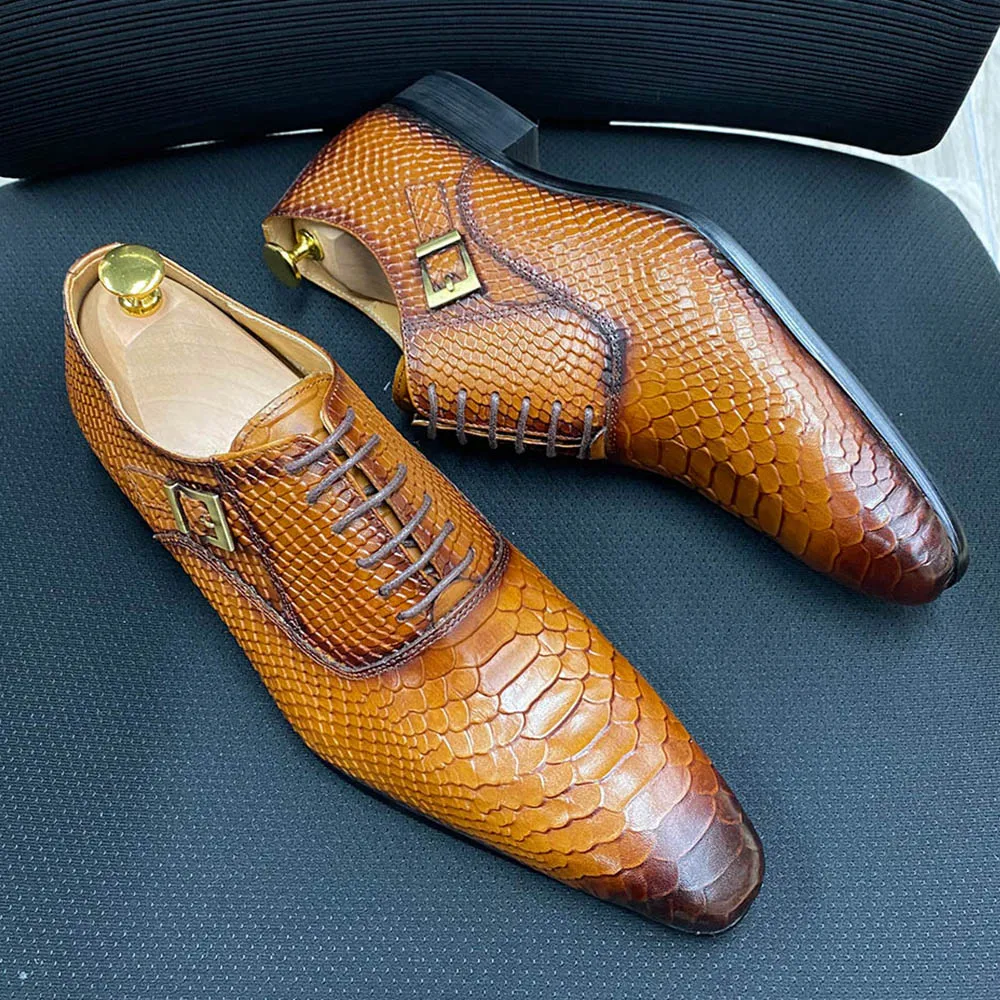 

Luxury Mens Wedding Oxford Shoes Black Brown Genuine Leather Snake Print Men's Dress Shoes Lace Up Business Formal Shoes for Men