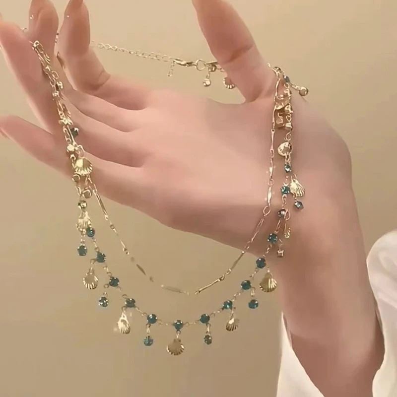 Elegante blaue Zirkon-Metall-Muschel-Kette für Frauen, einzigartiges Design, leichte Luxus-Schmetterlings-Herz-Halskette, Freundschaftsschmuck – Detail 5