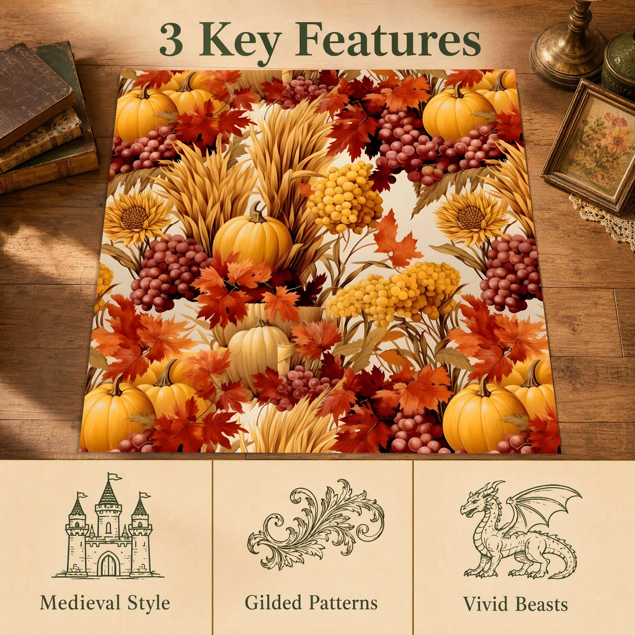 Harvest Grain Pumpkin Maple Leaf Full‑Print Velvet Area Rug, for Living Room Bedroom, Autumn Winter Retro Pastoral Decor