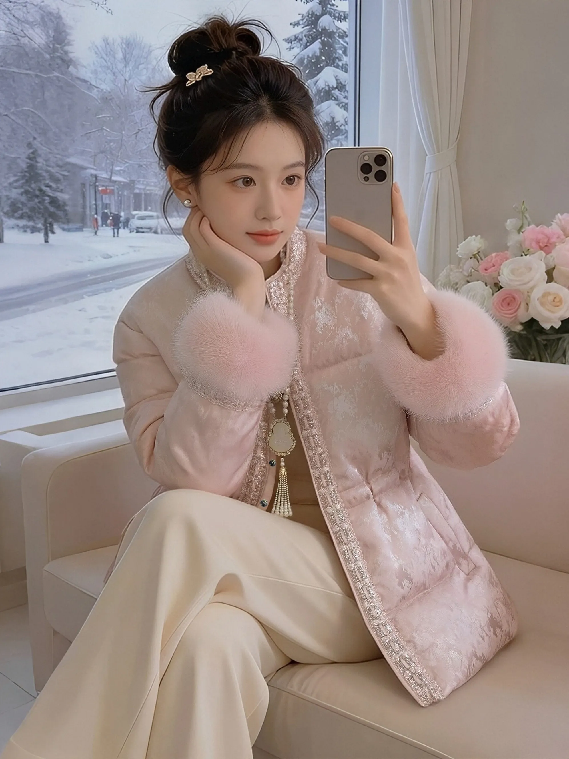 

Утепленная пуховая хлопковая куртка женская средней длины с поясом, приталенная, зимнее пальто в модном китайском стиле для повседневной носки