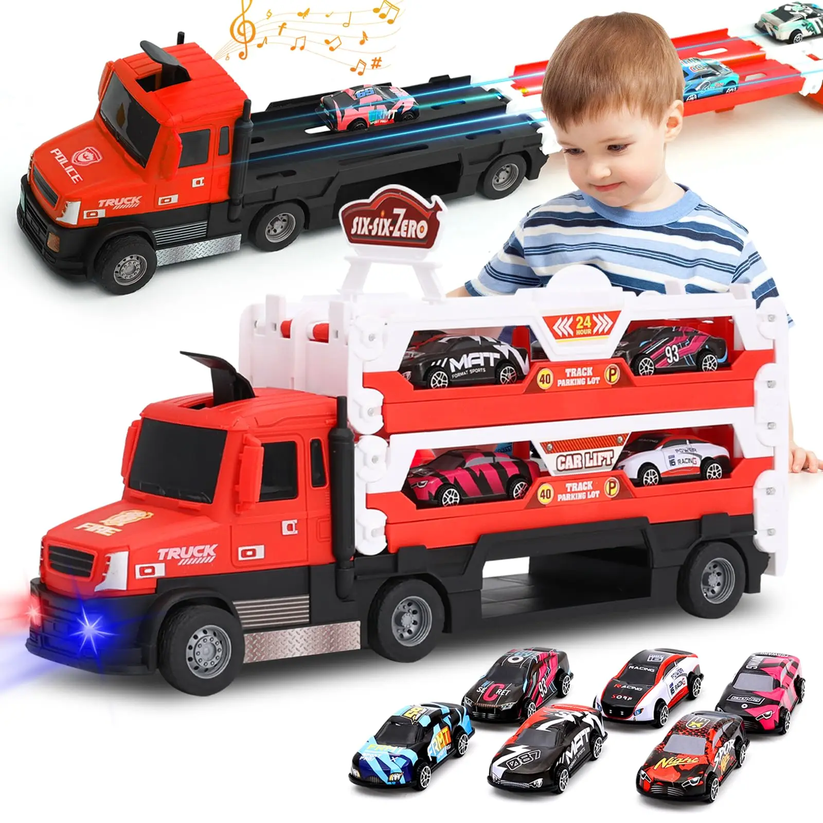 TALGIC Car Transporter Toy Truck for Toddlers 3-5 with 55-Inch Ejection Race Track with 6 Race Cars Gift for Kids Ages 3-5, 4-8