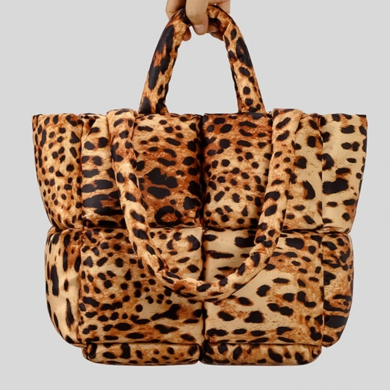 Women Leopard Design Puffy Handbag Large Capacity Quilted Space Down Feather Padded Cotton Tote Bag Winter Warm Shopping Purse