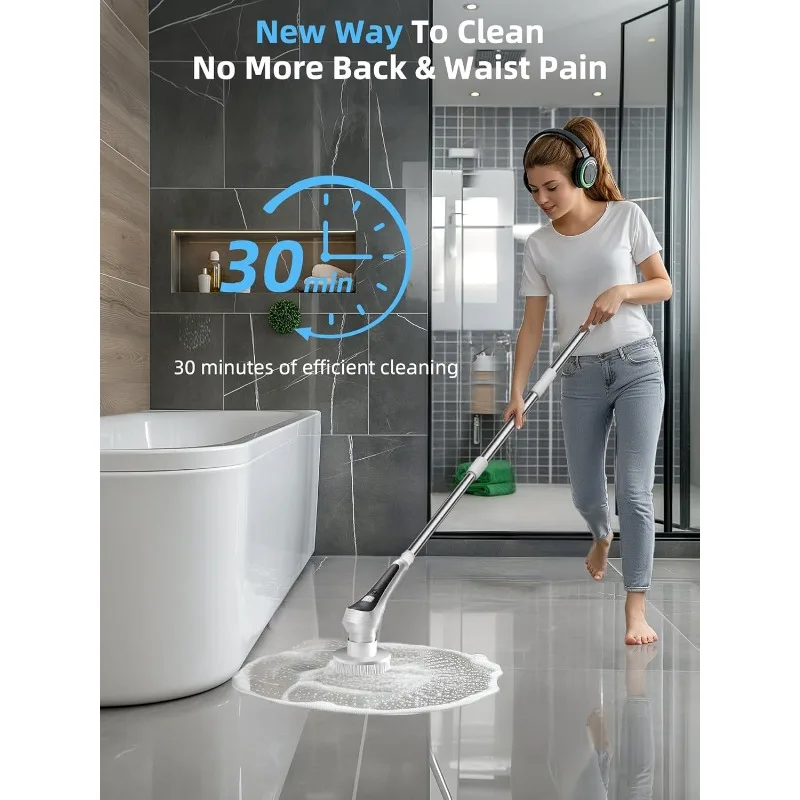 Spin Scrubber,Cordless Shower Scrubber with Power Display Screen,IP68 Waterproof Bath Cleaning Brush,  Handle & 2 Speeds