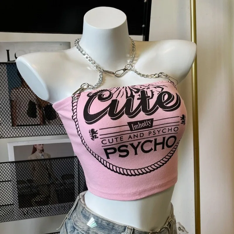 

Crop Tops Fashion Summer Tanks Women Clothing Sweet Pink Letter Backless Tunic Camis Harajuku Chain Sexy Y2k Vest Ropa Mujer