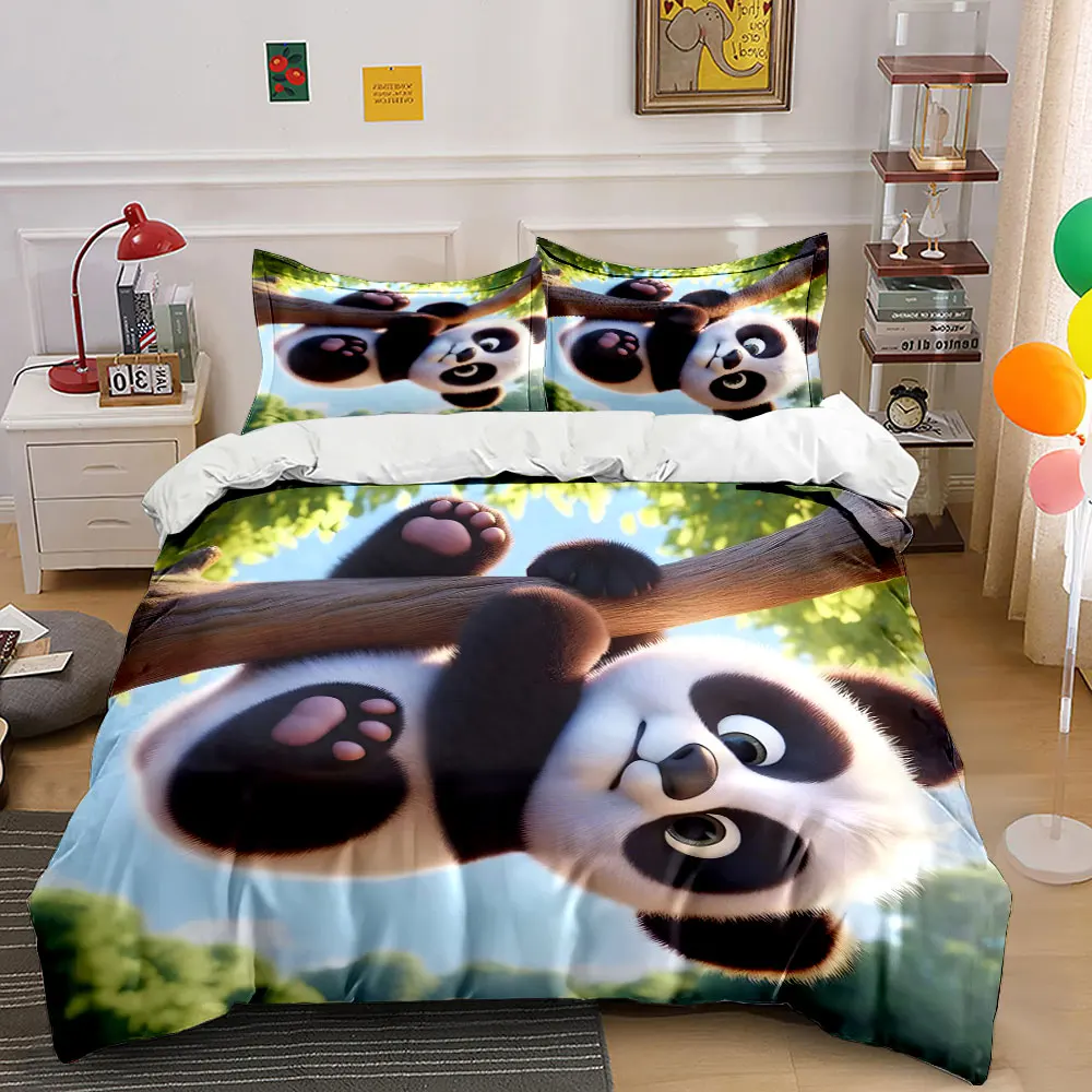 Adorable panda hanging on branch Printed Duvet Cover Set 1 Duvet Cover+2 Pillowcase Multi Size Bedroom Bedding Decoration