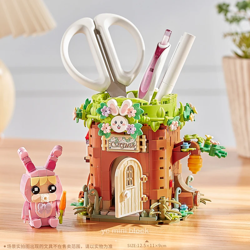 Loz Creative Mini Pen Holder Forest Rabbit Tree House Building Block Diy Office Desktop Decoration Stationery Brick For Kids Gif