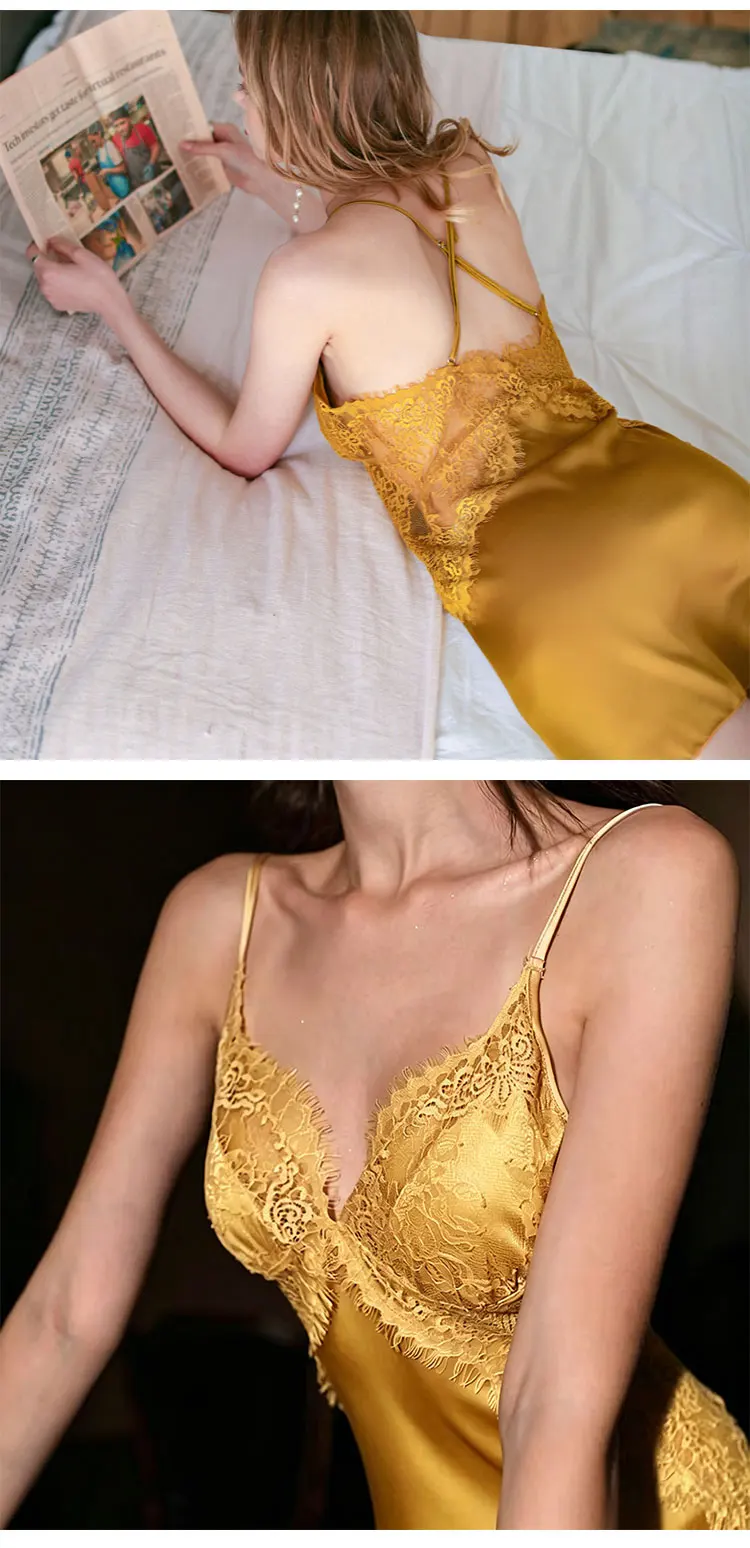 Camisón de satén con encaje para mujer, cuello en V, tirantes finos, sin espalda, lencería elegante para dormitorio