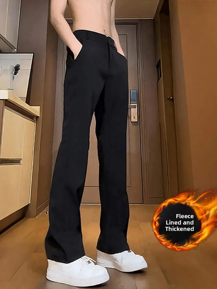 

Мужские прямые брюки на подкладке Thiened Fce, осенне-зимние утягивающие брюки, повседневные длинные джинсы с высокой талией, колокольчик