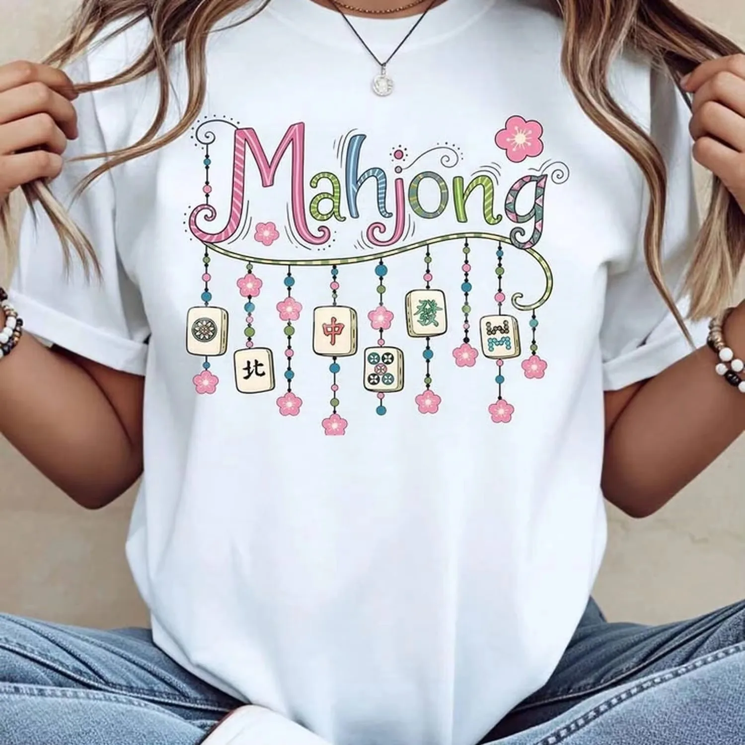 New Woman Mahjong-Themed Clothing T-Shirt Decorated with Colorful Mahjong Tiles and Floral Patterns for Casual Wear