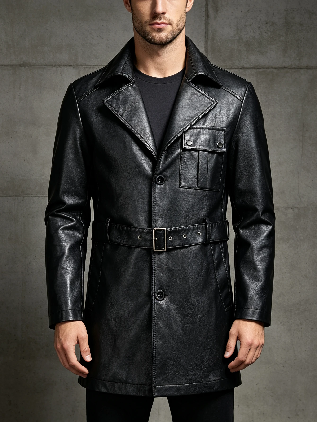 Men's Medium Long PU Leather Jacket Single-Breasted Lapel with Chest Bag Design And Belt Fashionable Retro Classic Coat
