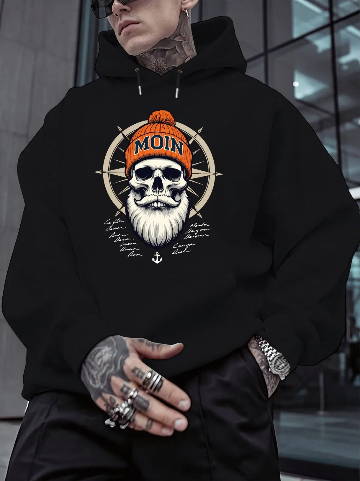 سويت شيرت بقلنسوة مطبوع عليه لحية سوداء كاجوال للرجال مع سمك شارع فضفاض وبلوزات علوية هدية