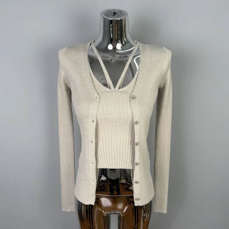 韓国スリム多用途セクシーなキャミソール + 長袖カーディガンニットツーピースセット女性用シャツ Tシャツ Tシャツトップス 9DLO