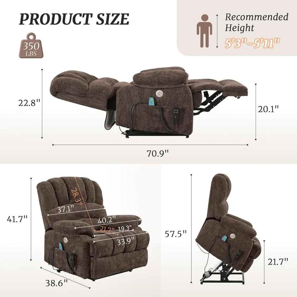 Dual Motor Electric Lift Recliner with Heating and Massage Functions, Lazy Boy Recliner, Unlimited Positions, USB Port